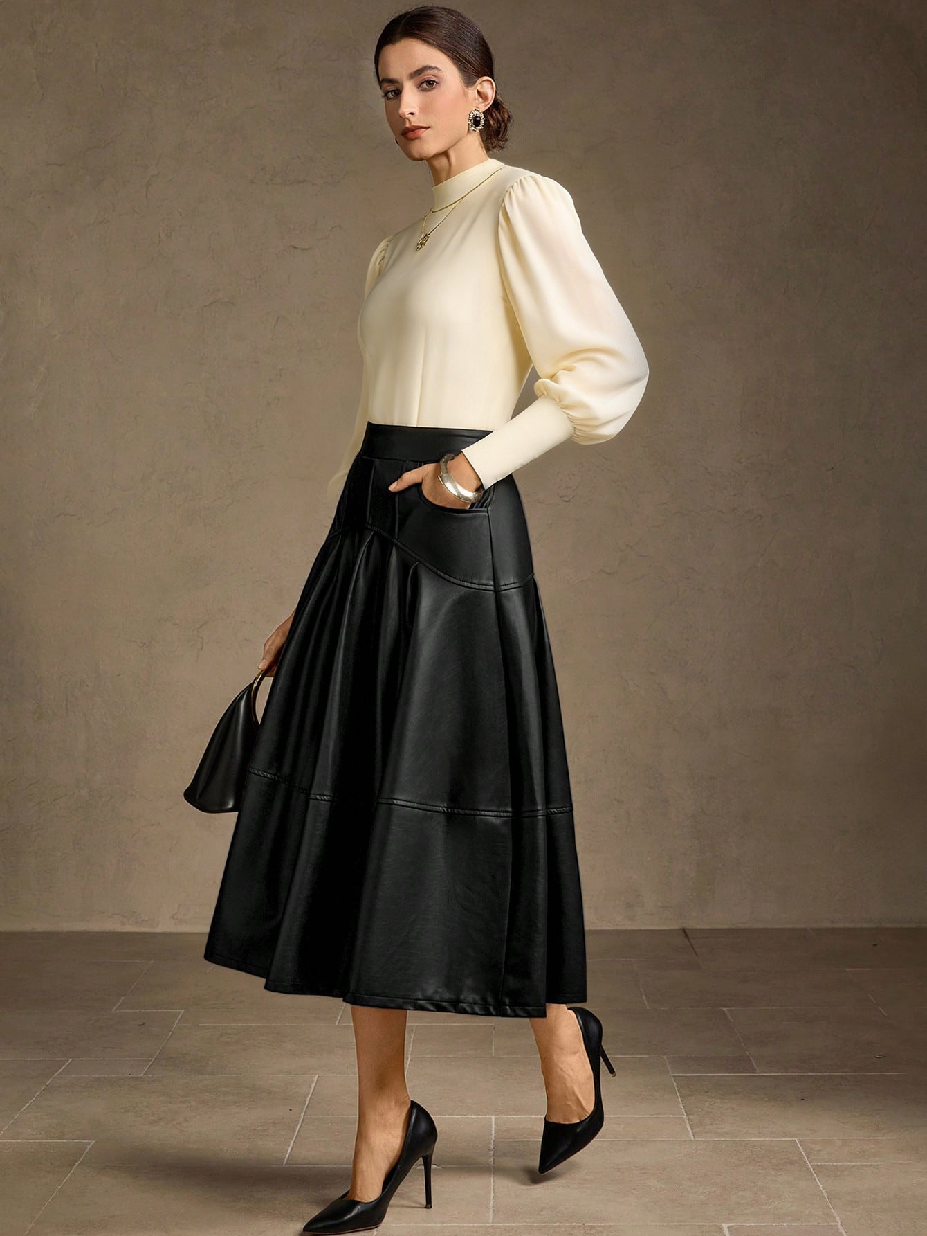 Elegant High Waisted Faux Leather Skirt