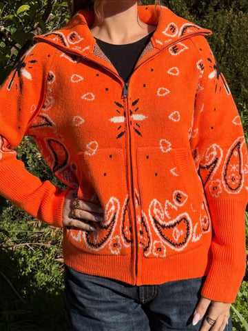 Boho Paisley Print Zip Cardigan