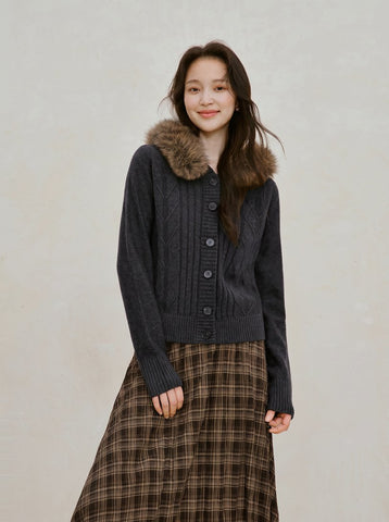 Detachable Faux Fur Trim Wool Cardigan