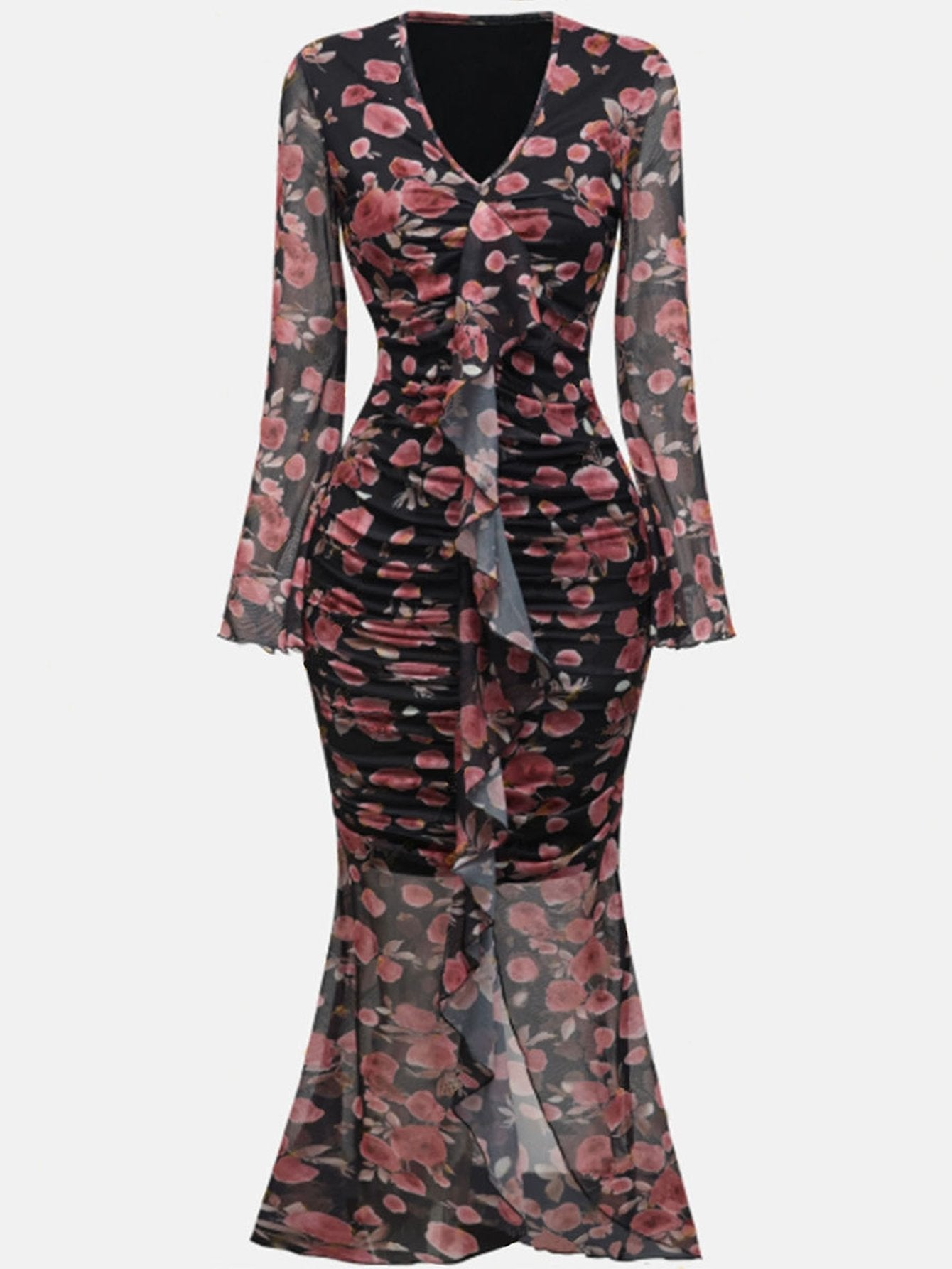 Floral Ruffle Ruched Mermaid Dress