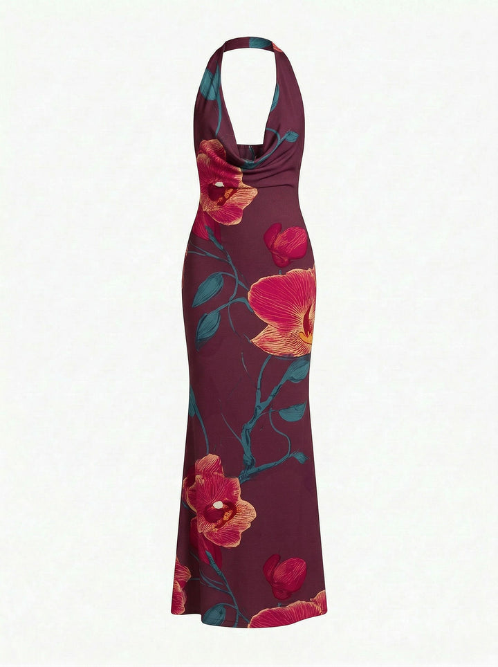 LILA Tropical Hibiscus Print Cowl Neck Bodycon Maxi Dress