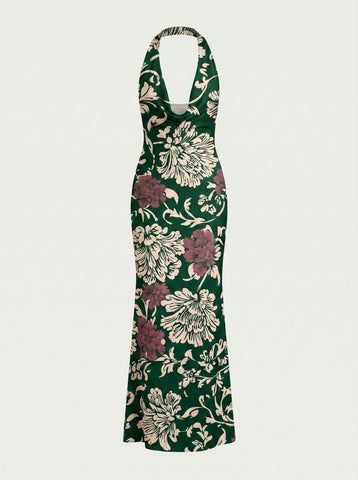 Floral Print Cowl Neck Bodycon Maxi Dress