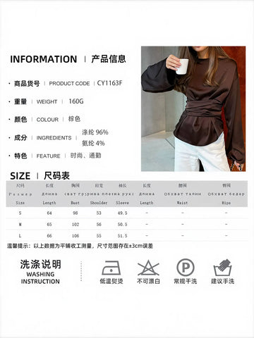 Satin Ruched Waist Long Sleeve Blouse