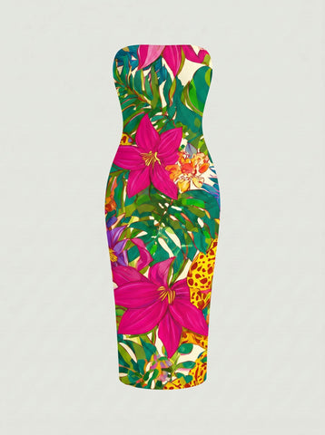 MAIA Floral Print Strapless Sheath Midi Dress