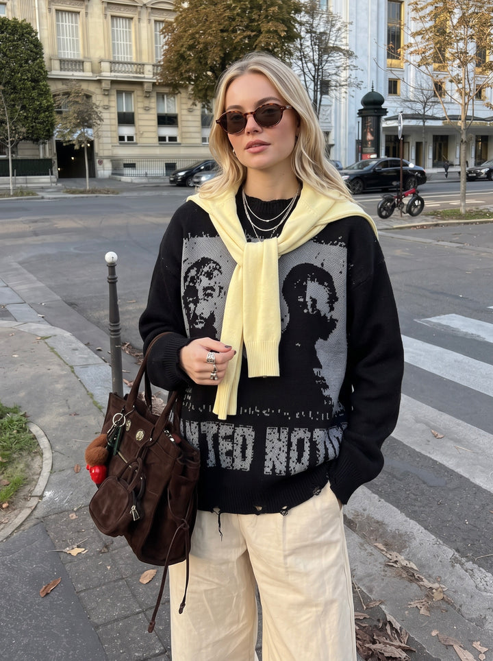 Oversized Distressed Graphic Pullover Sweater