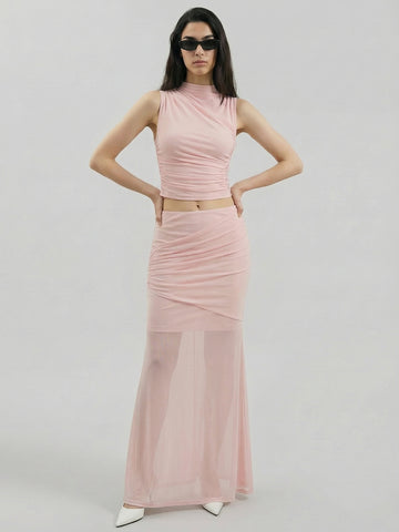 SAÏA Pleated Mesh Elegant Midi Skirt-Pink