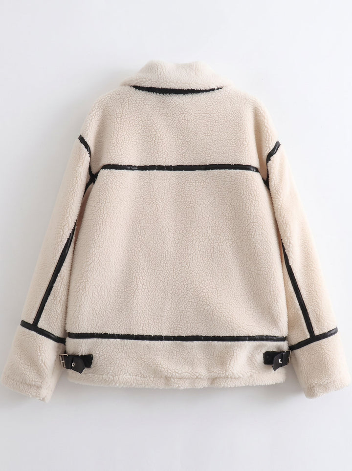 Cozy Faux Leather Trim Fleece Jacket
