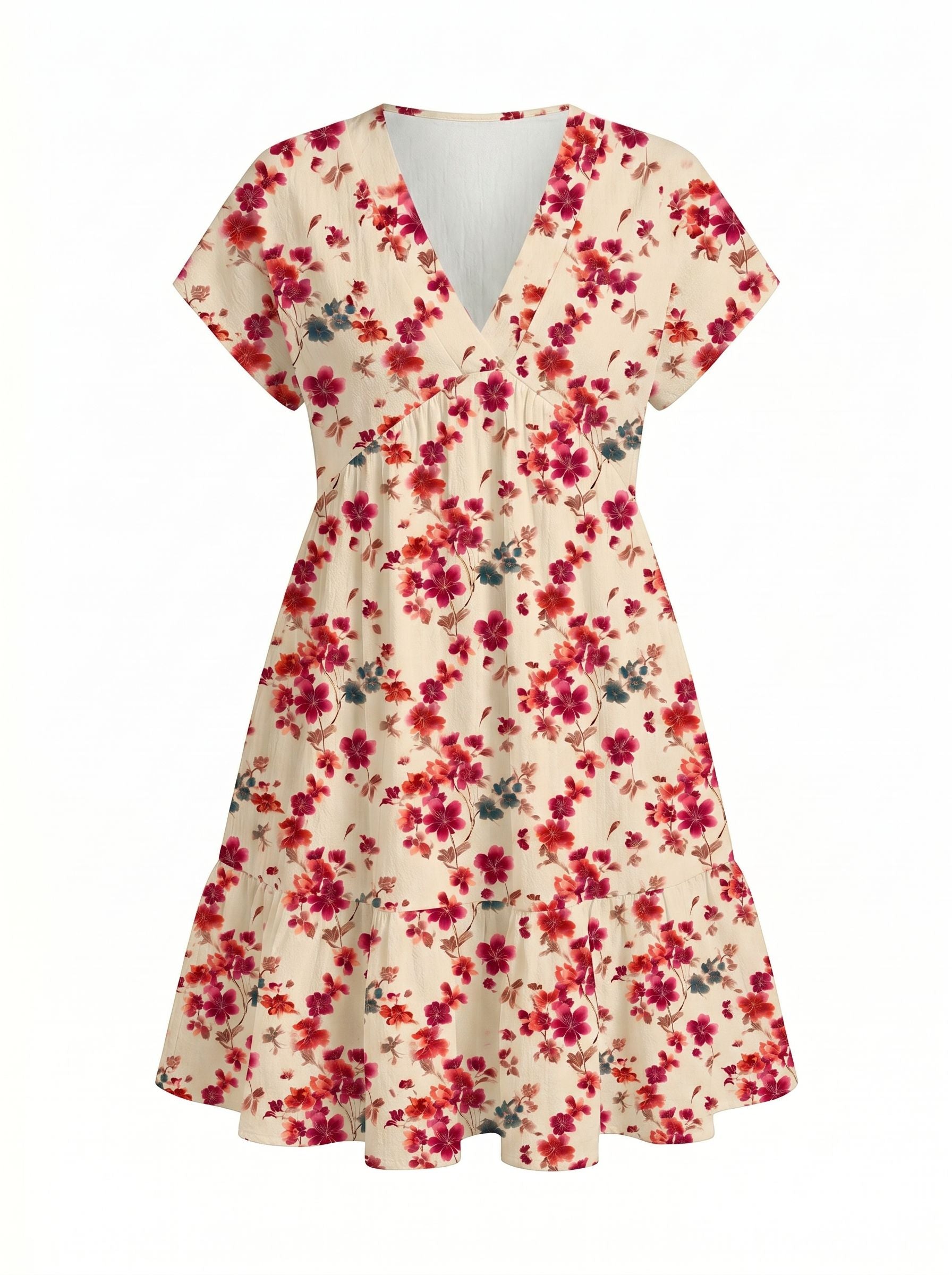 EVA Floral Print V Neck Tiered Babydoll Mini Dress
