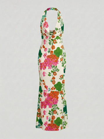 LILA Floral Print Cowl Neck Bodycon Midi Dress