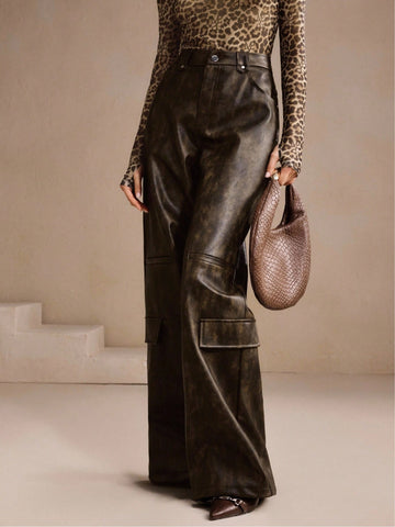 High Waisted Faux Leather Cargo Pants
