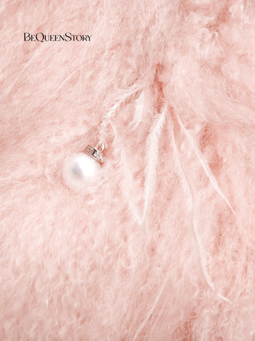 Plush Pink Feather Trim Fur Coat