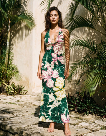 LILA Floral Print Cowl Neck Bodycon Midi Dress
