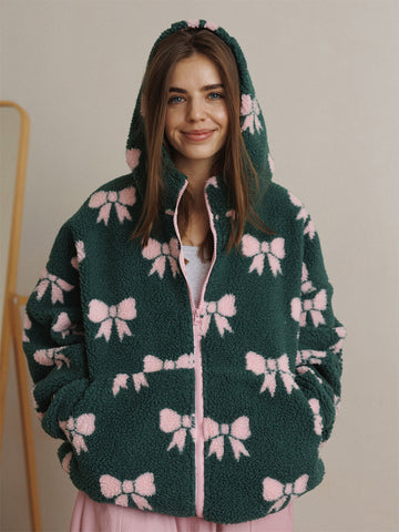 Cozy Bow Print Sherpa Jacket