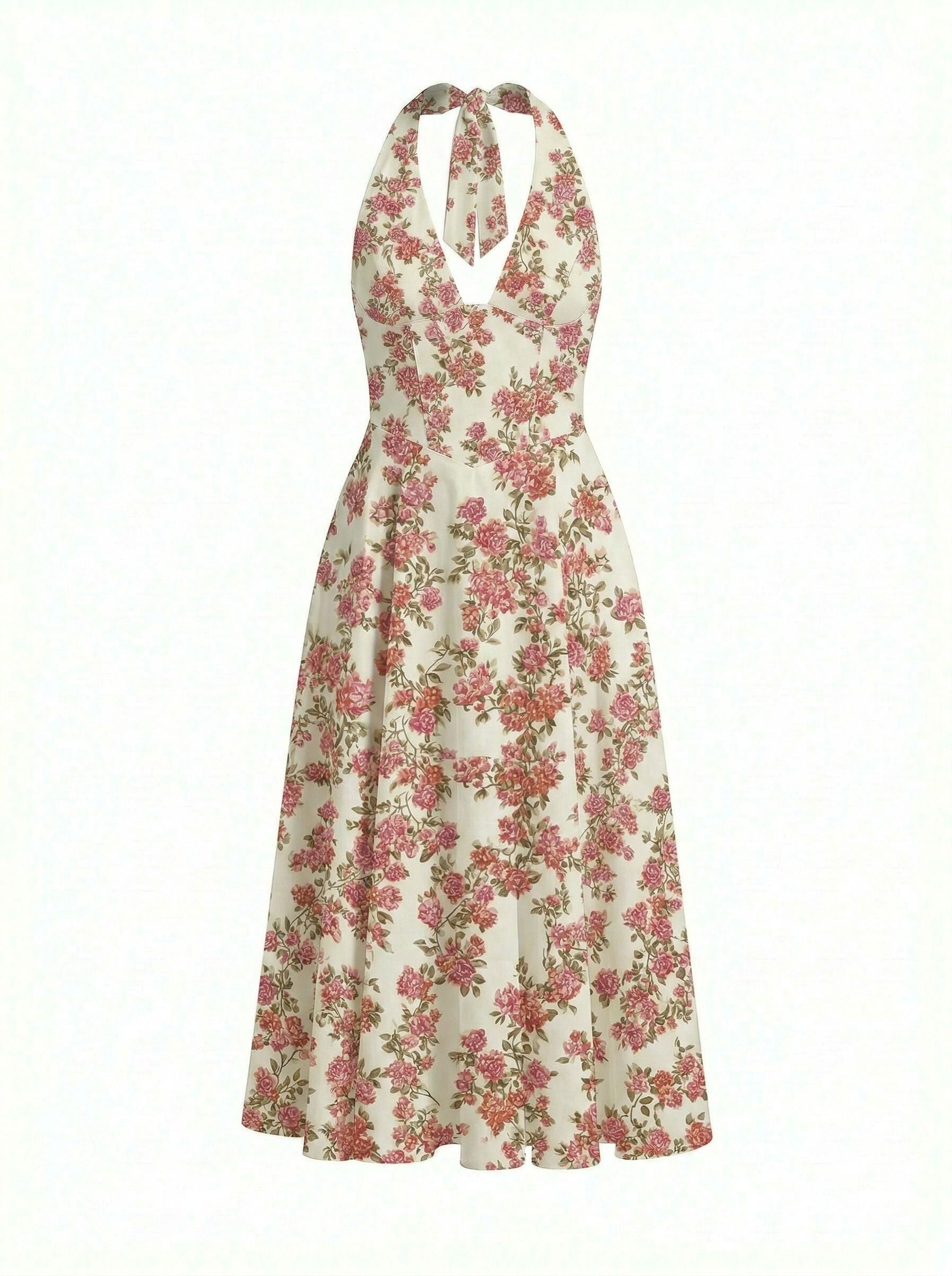 Floral Print Halter Neck Tie Back Midi Dress