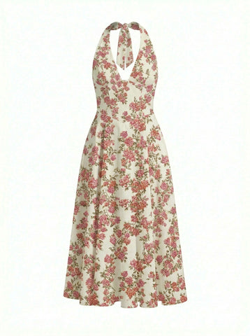 Floral Print Halter Neck Tie Back Midi Dress