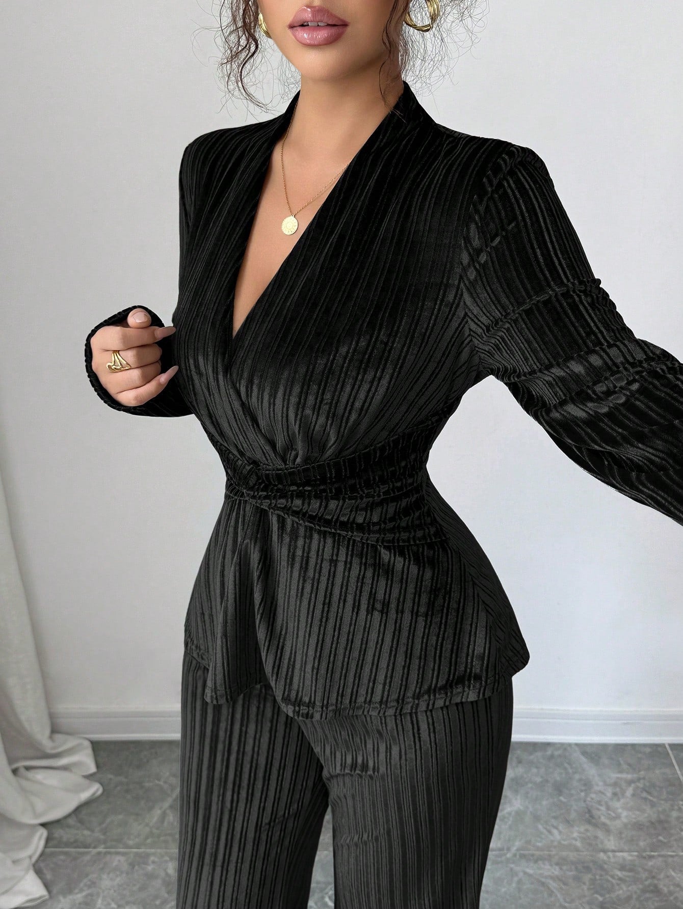 Elegant Pleated Velvet Trouser Set