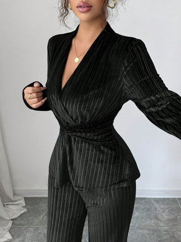 Elegant Pleated Velvet Trouser Set
