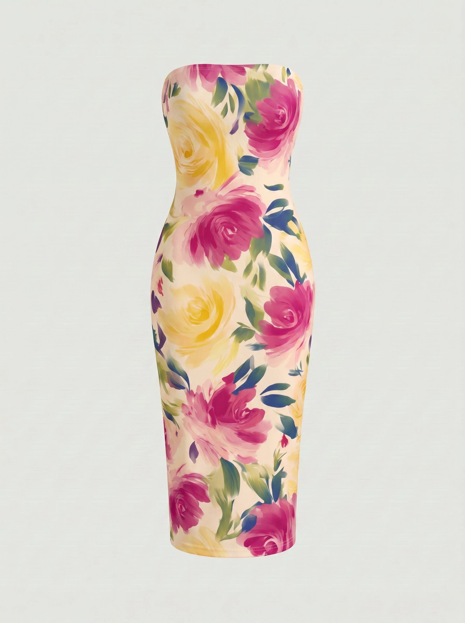 MAIA Floral Print Strapless Sheath Midi Dress