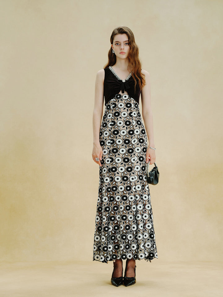 Embellished Velvet Floral Lace Maxi Dress
