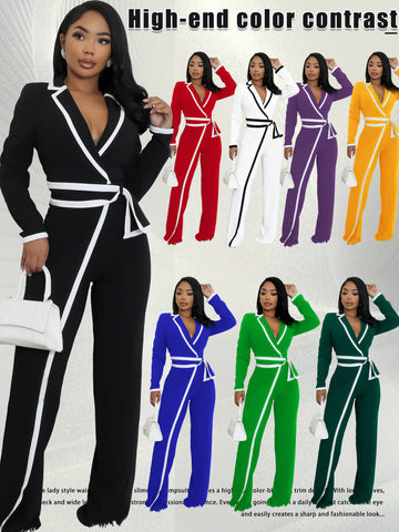 Elegant Colorblock Belted Wide Leg Jumpsuit