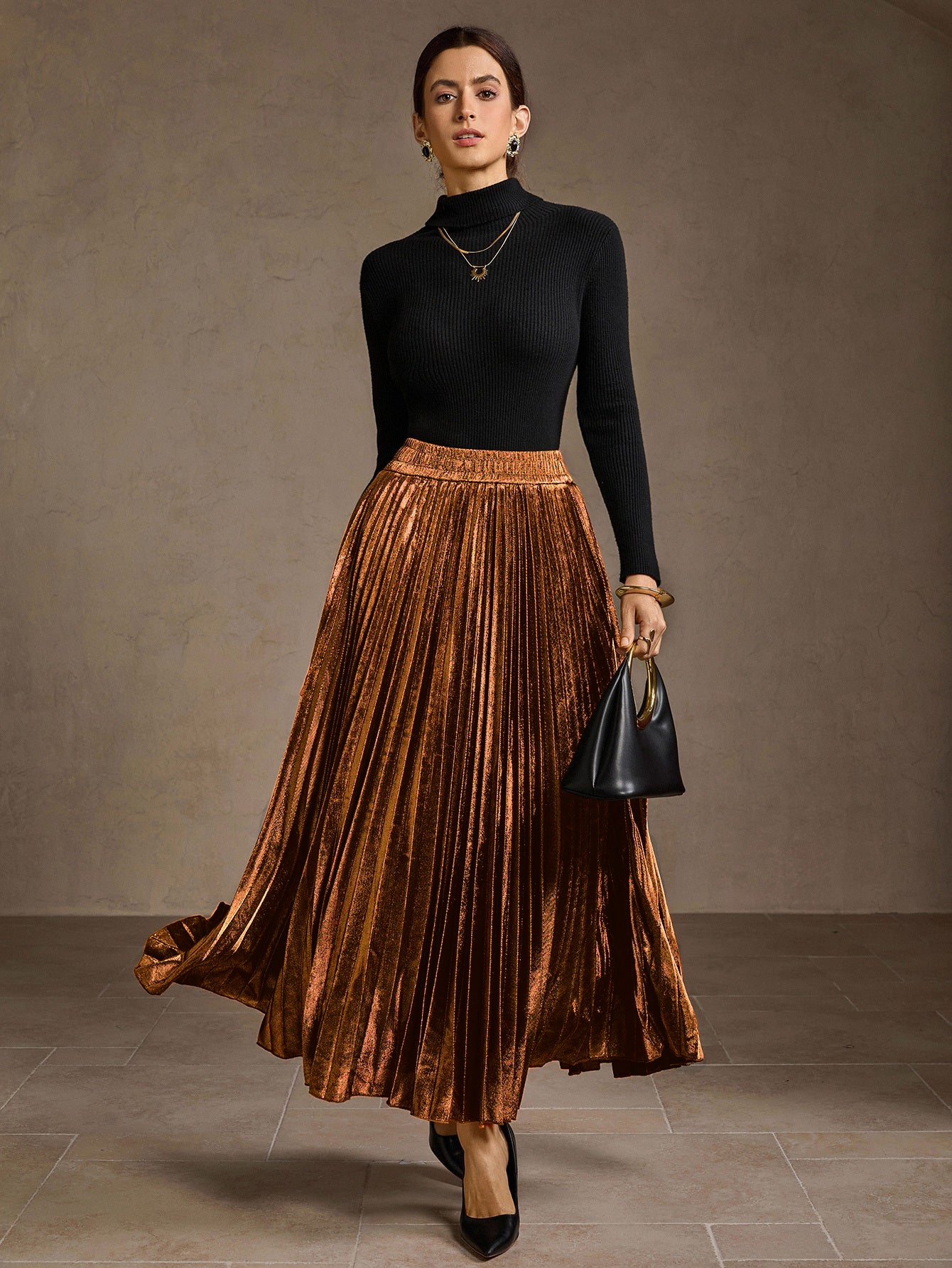 Metallic Pleated High Waisted Midi Skirt