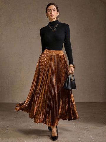 Metallic Pleated High Waisted Midi Skirt