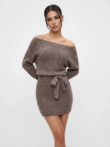 Off Shoulder Belted Knit Dress
