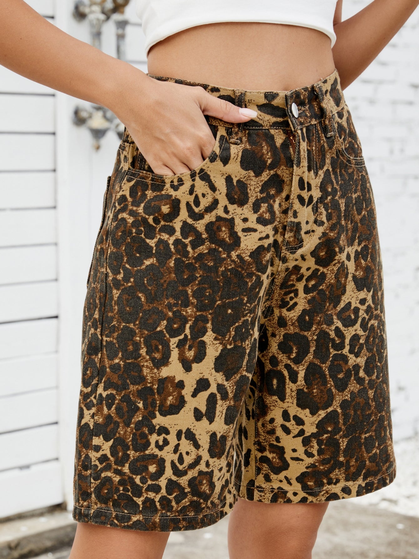 High Waisted Leopard Print Denim Shorts