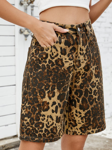 High Waisted Leopard Print Denim Shorts
