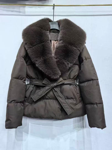 Faux Fur Collar Belted Puffer Jacket