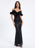 Ruffled Off Shoulder Sequin Maxi Dress