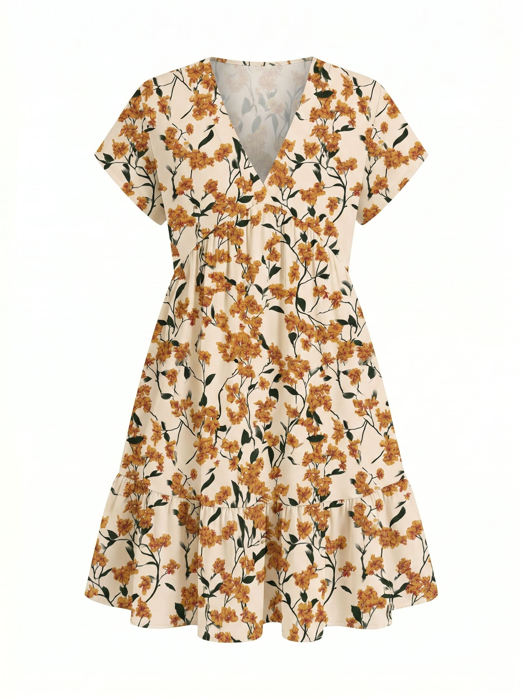 Floral Print V Neck Tiered Babydoll Mini Dress