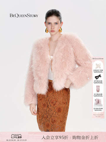 Plush Pink Feather Trim Fur Coat