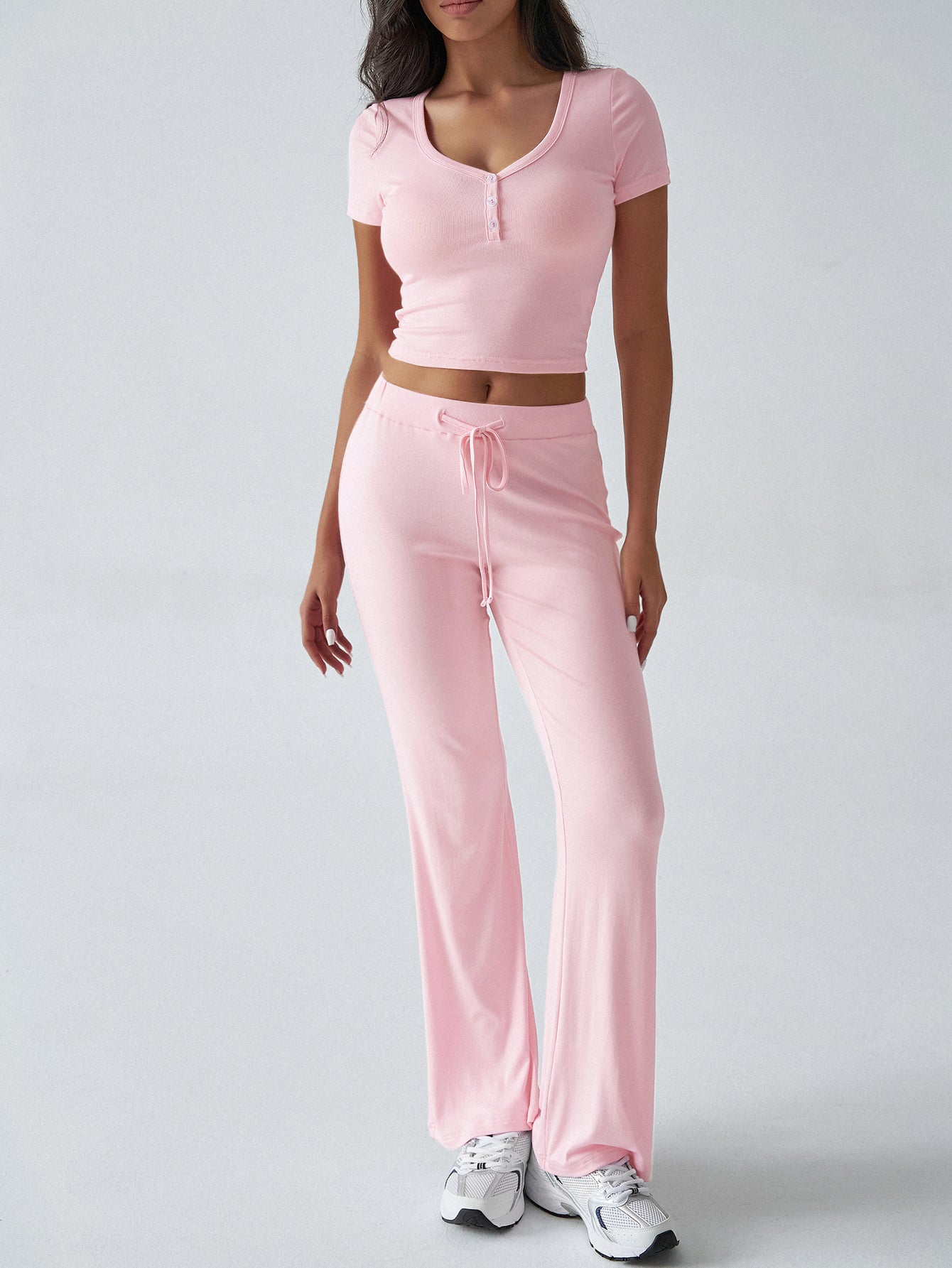 Short Sleeve Top High-Waisted Wide-Leg Pants Casual Set