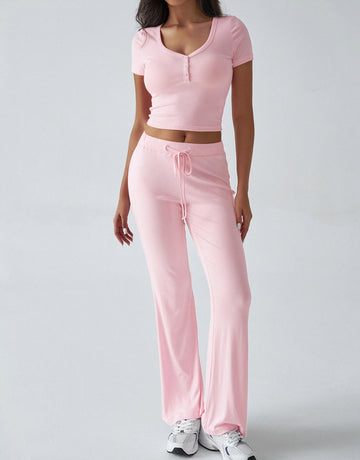 Short Sleeve Top High-Waisted Wide-Leg Pants Casual Set