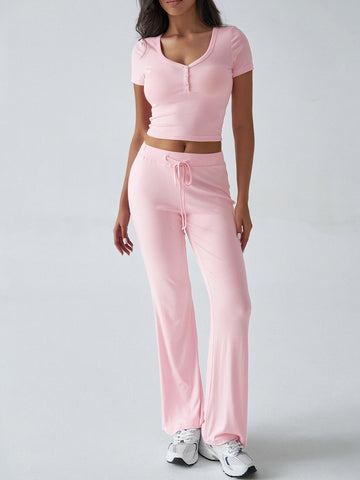 Short Sleeve Top High-Waisted Wide-Leg Pants Casual Set