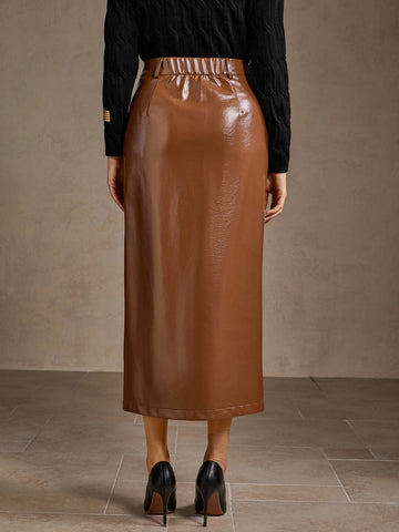 High Waisted Faux Leather Midi Skirt