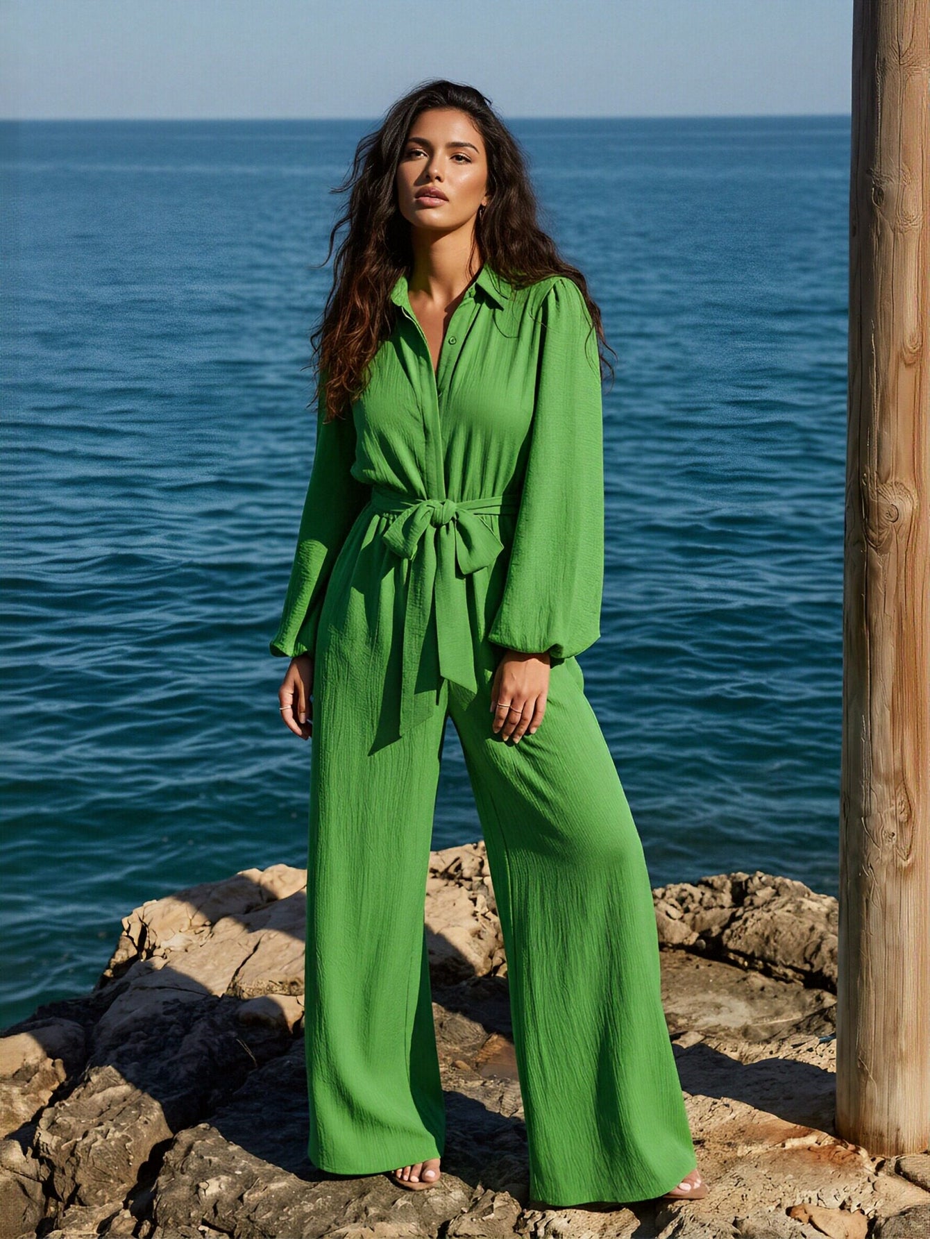 Belted Wide Leg Collared Jumpsuit