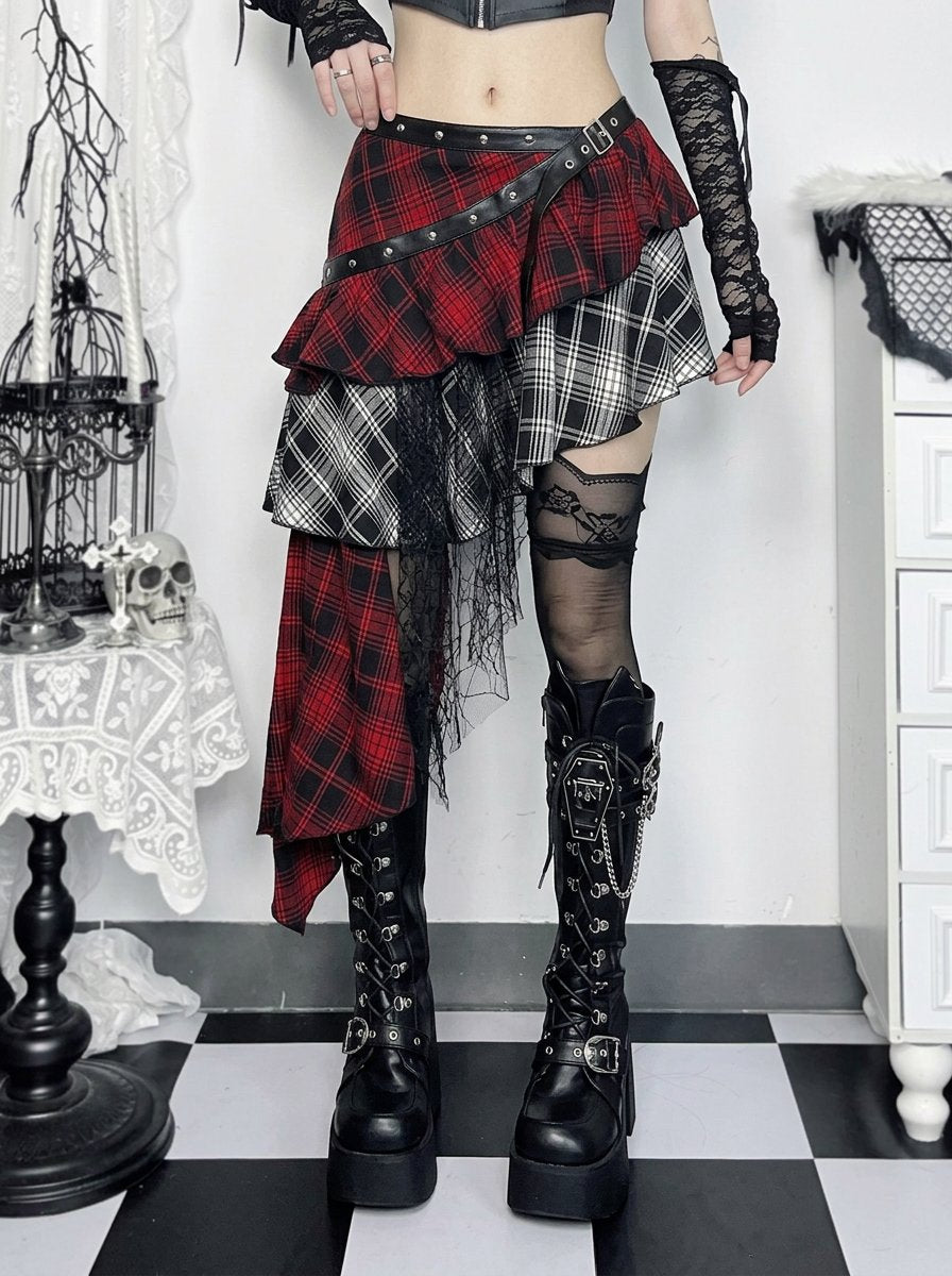 Gothic Plaid Asymmetric Lace Mini Skirt