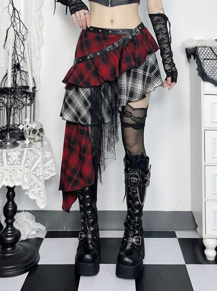 Gothic Plaid Asymmetric Lace Mini Skirt