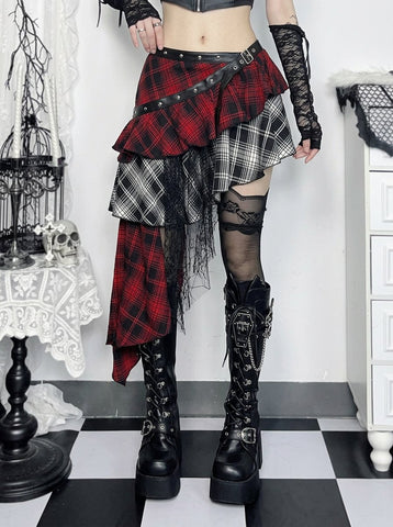 Gothic Plaid Asymmetric Lace Mini Skirt