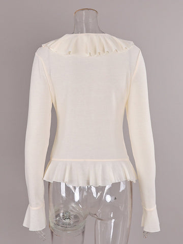 Ruffled V Neck Long Sleeve Pullover