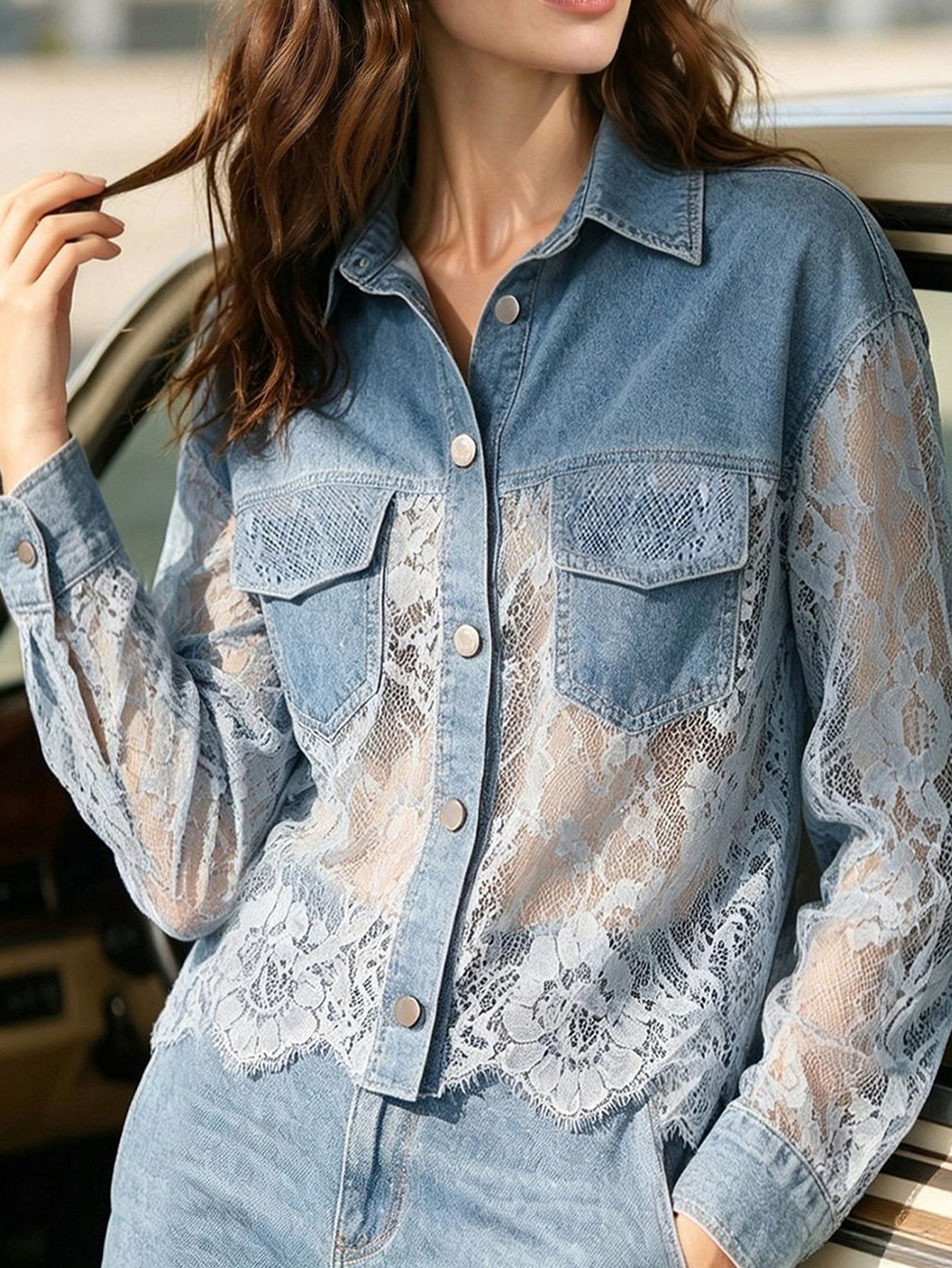 Sheer Lace Patchwork Denim Jacket