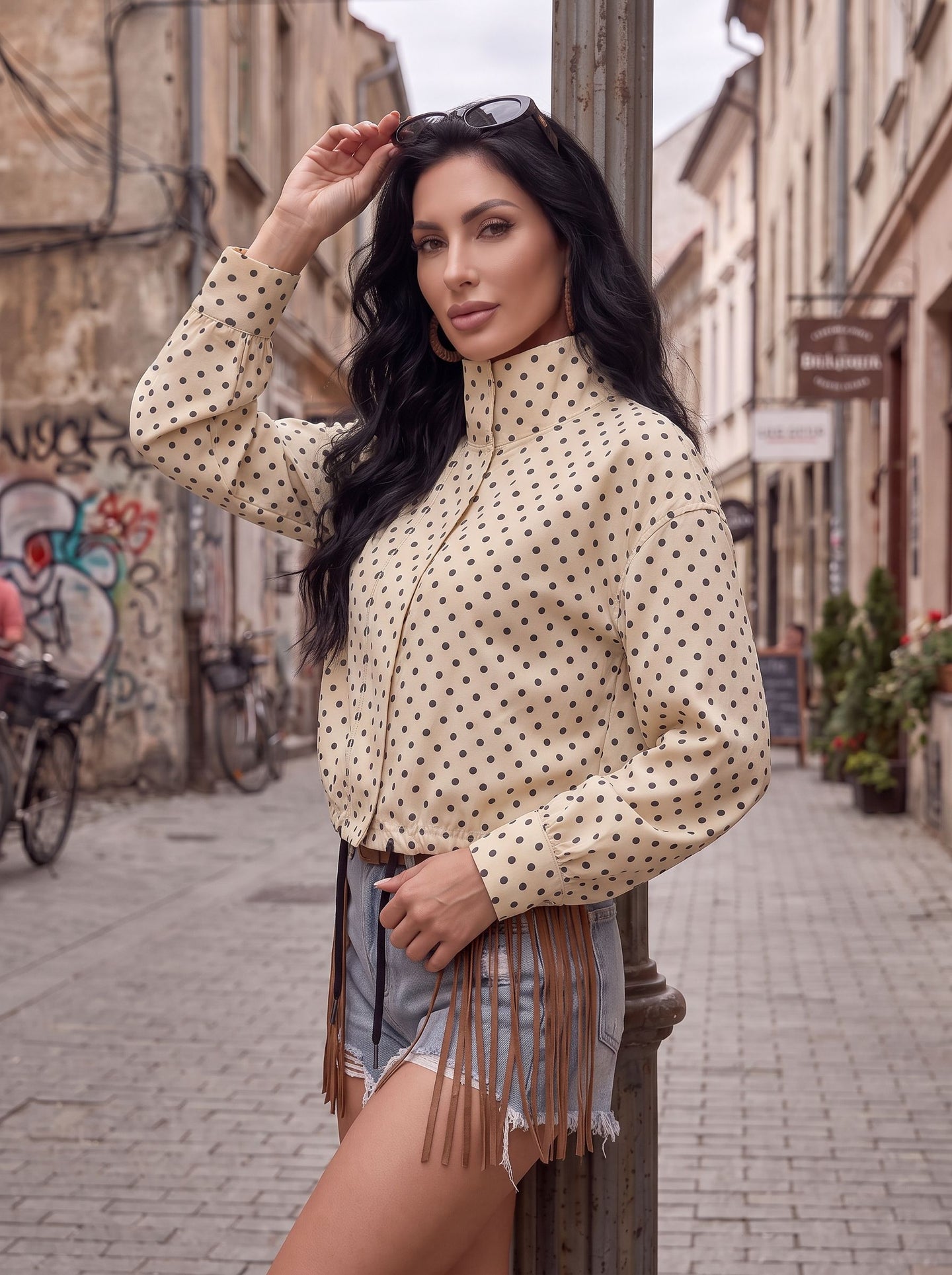 Polka Dot Stand Collar Jacket