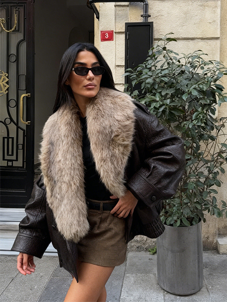 Oversized Faux Fur Collar Leather Jacket