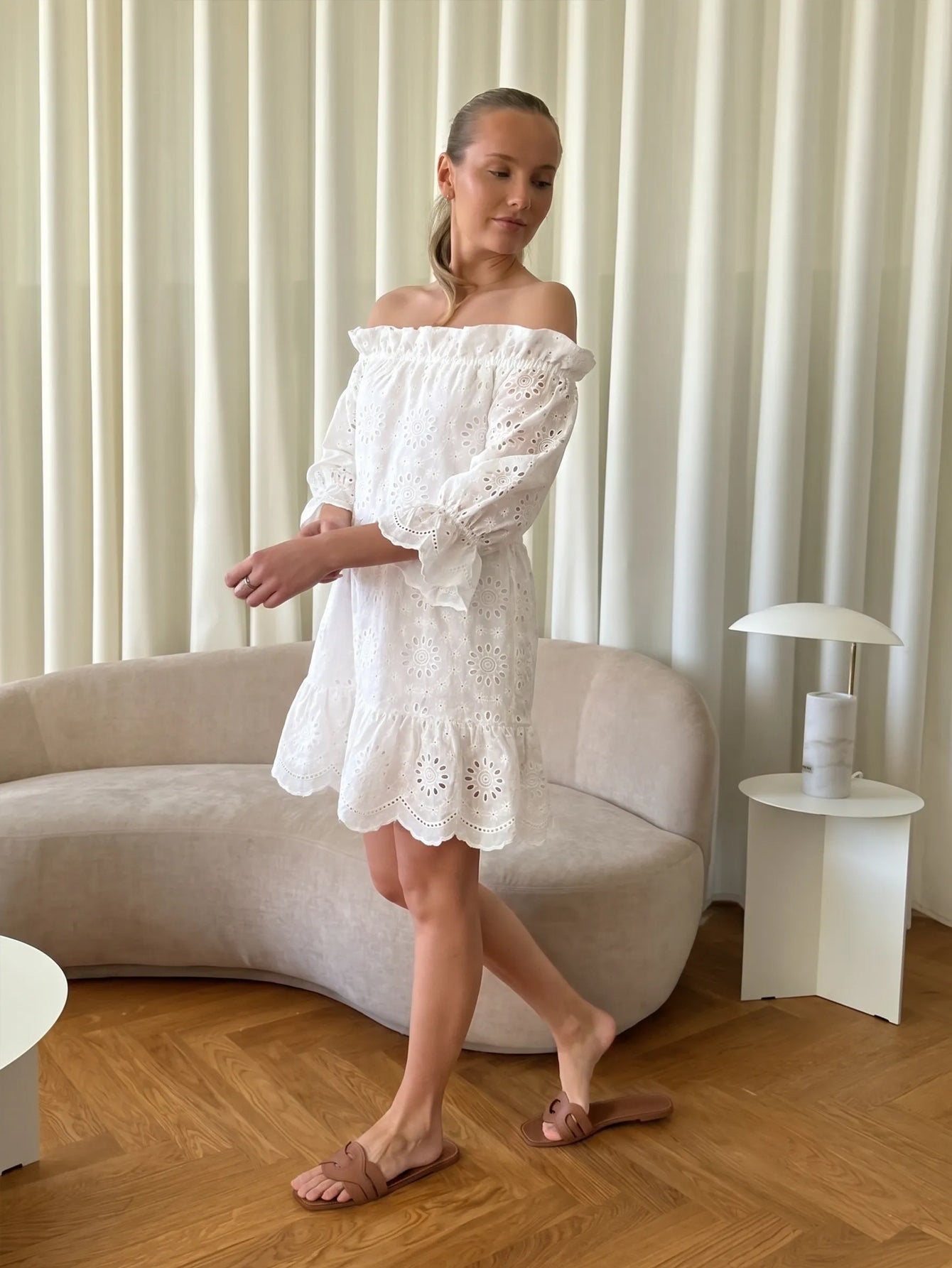 Off Shoulder Eyelet Mini Dress