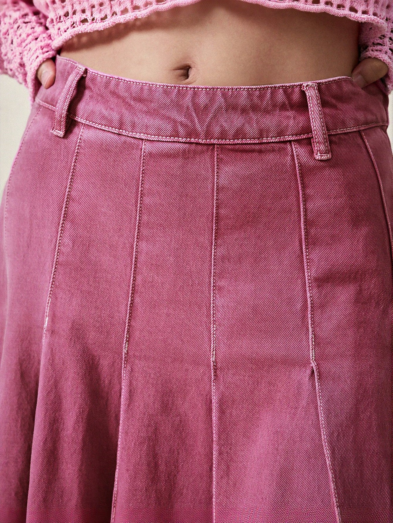 Urban Revivo Pleated Midi Denim Skirt-Cold Pink