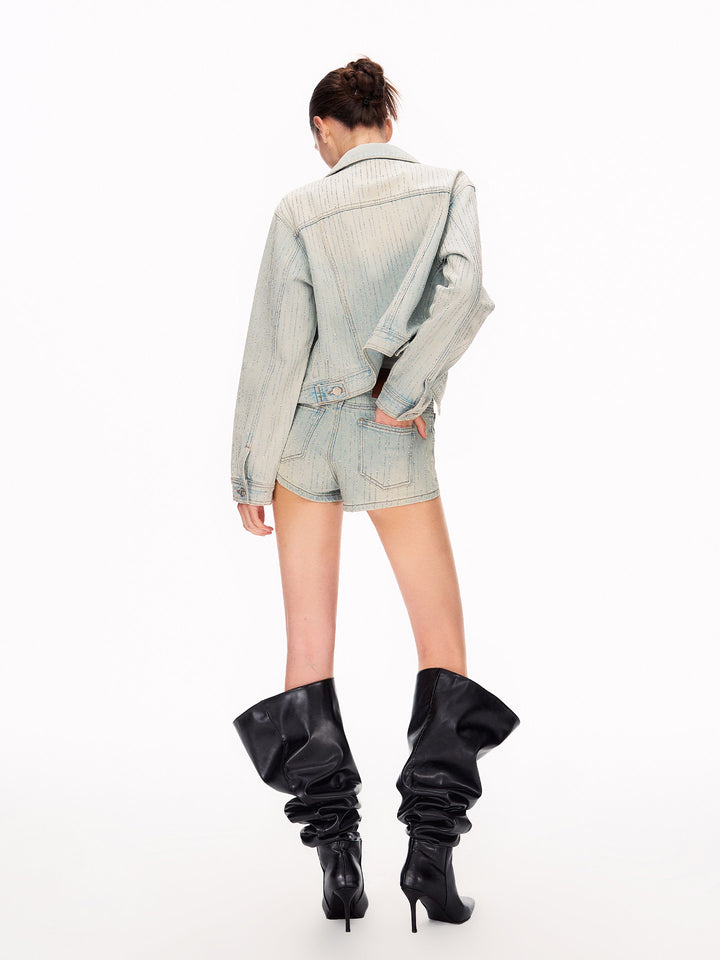 Sparkling Rhinestone Cropped Denim Jacket