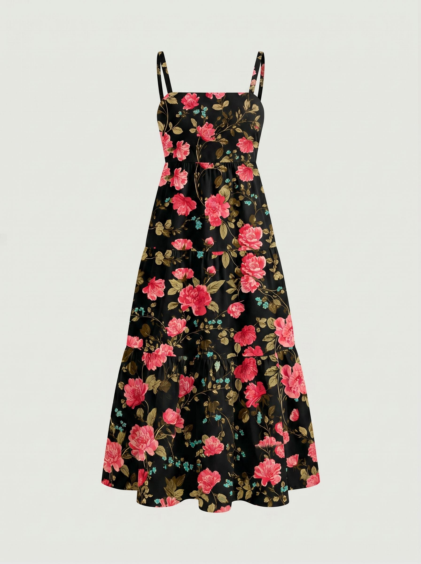 FLORA Floral Print Tiered Strap Midi Dress