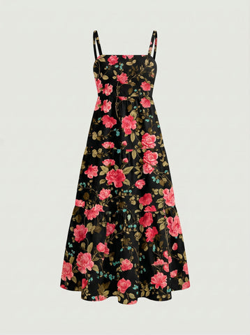 FLORA Floral Print Tiered Strap Midi Dress